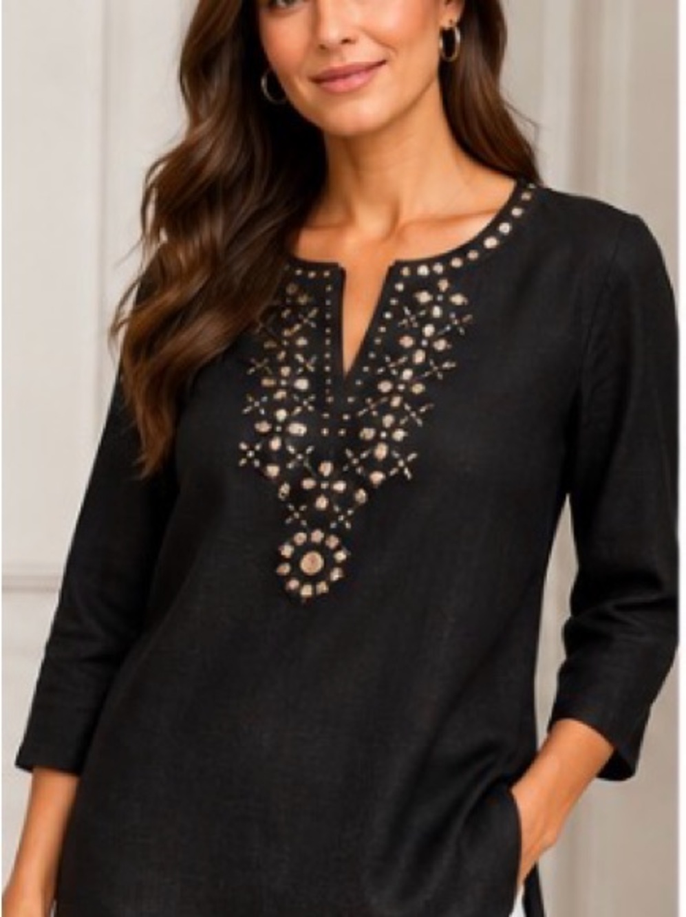 MICHAEL Michael Kors M Black 100% Linen Embellished Mirror Tunic Top
